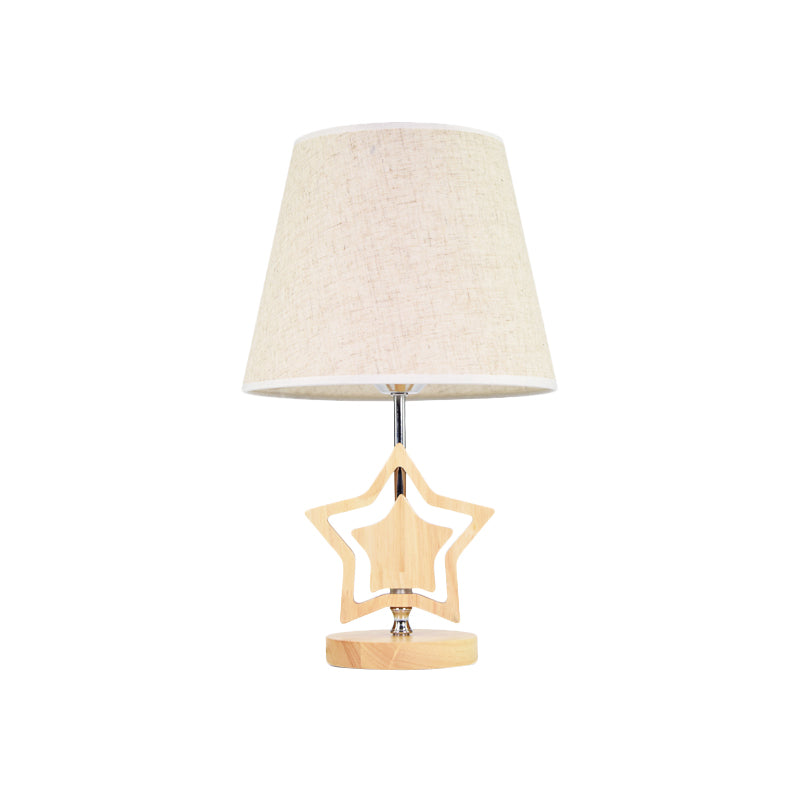 Wood Star Nightstand Lamp Modern 1 Light Table Light with Barrel Fabric Shade in Beige Clearhalo 'Lamps' 'Table Lamps' Lighting' 813489