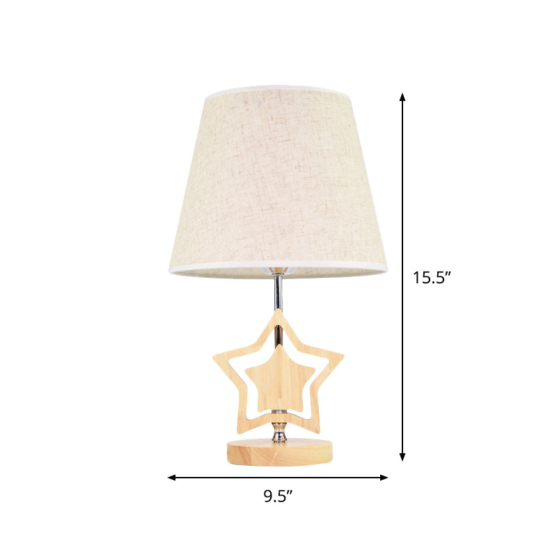 Wood Star Nightstand Lamp Modern 1 Light Table Light with Barrel Fabric Shade in Beige Clearhalo 'Lamps' 'Table Lamps' Lighting' 813491