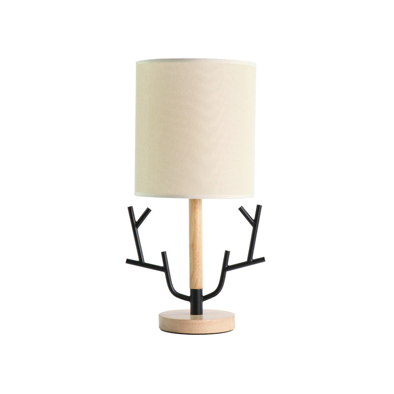 Black Branch Night Table Lamp Modern 1 Head Wood Reading Light for Bedroom with Cylinder Fabric Clearhalo 'Lamps' 'Table Lamps' Lighting' 813494