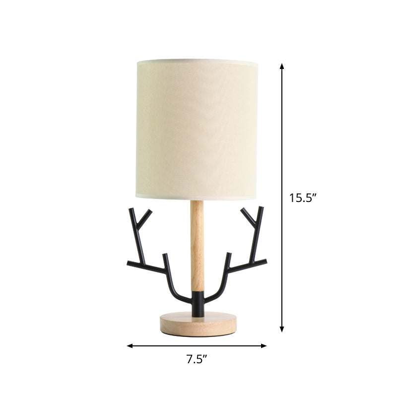 Black Branch Night Table Lamp Modern 1 Head Wood Reading Light for Bedroom with Cylinder Fabric Clearhalo 'Lamps' 'Table Lamps' Lighting' 813495