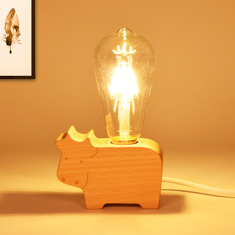 Modern Single Bulb Reading Lamp with Glass Shade Beige Sheep/Elephant/Cow Small Desk Lamp for Bedroom Wood Cow Clearhalo 'Lamps' 'Table Lamps' Lighting' 813505