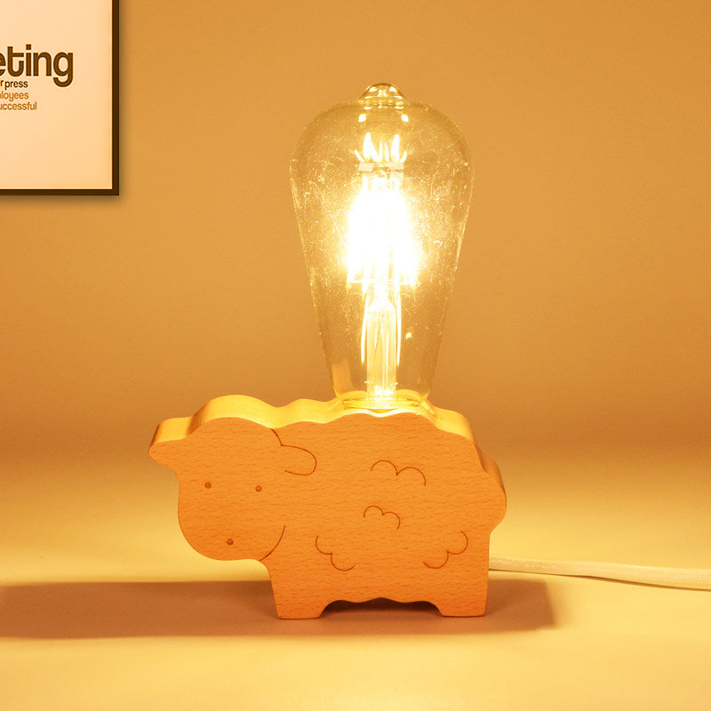 Modern Single Bulb Reading Lamp with Glass Shade Beige Sheep/Elephant/Cow Small Desk Lamp for Bedroom Wood Sheep Clearhalo 'Lamps' 'Table Lamps' Lighting' 813510