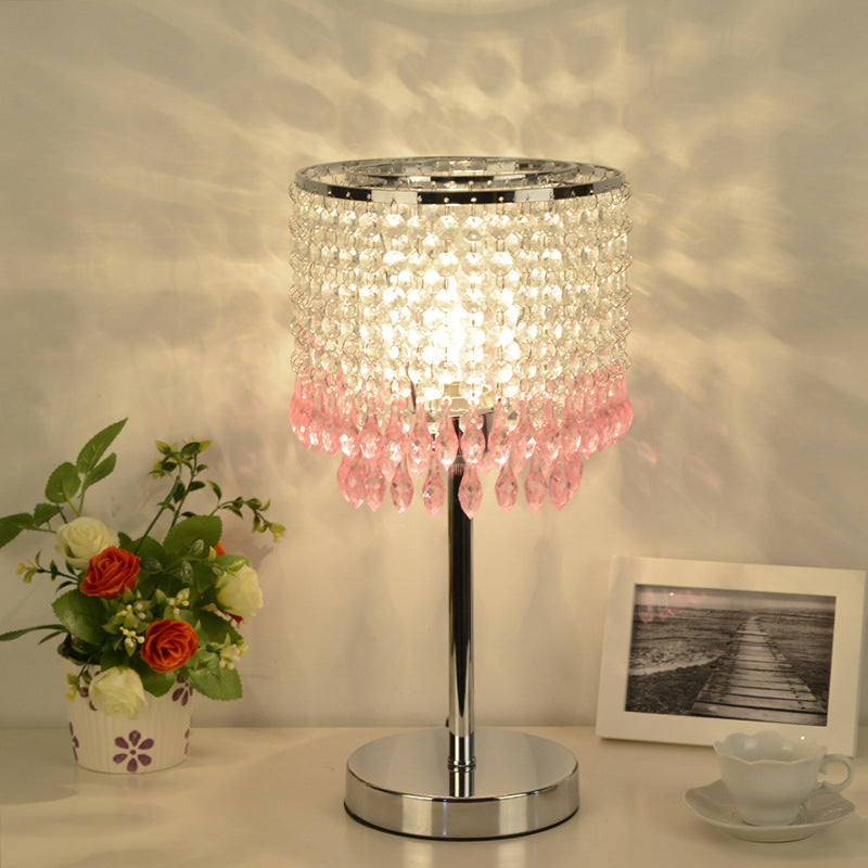 Crystal Beaded Red/Pink/Purple Table Lamp 2 Tiers Tassel Single-Bulb Modernist Nightstand Light for Bedside Pink Clearhalo 'Lamps' 'Table Lamps' Lighting' 813519