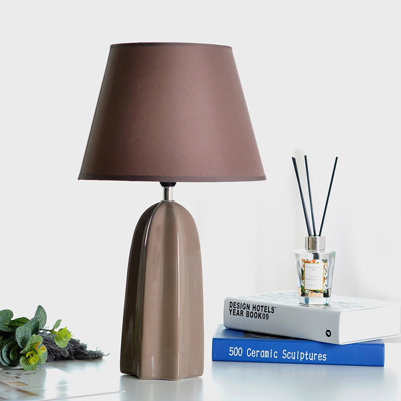 Fabric Barrel Table Light Modernist 1 Bulb White/Brown Night Lamp with Prism Ceramics Base Brown Clearhalo 'Lamps' 'Table Lamps' Lighting' 813559