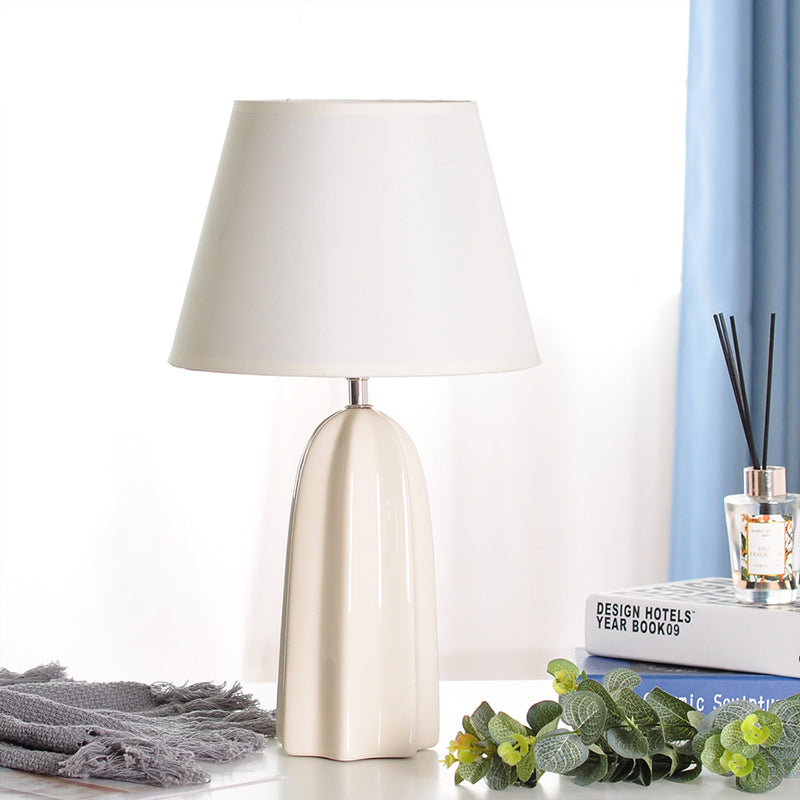 Fabric Barrel Table Light Modernist 1 Bulb White/Brown Night Lamp with Prism Ceramics Base White Clearhalo 'Lamps' 'Table Lamps' Lighting' 813563