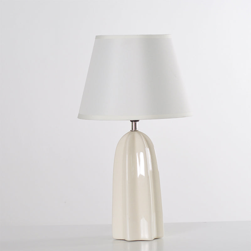 Fabric Barrel Table Light Modernist 1 Bulb White/Brown Night Lamp with Prism Ceramics Base Clearhalo 'Lamps' 'Table Lamps' Lighting' 813565