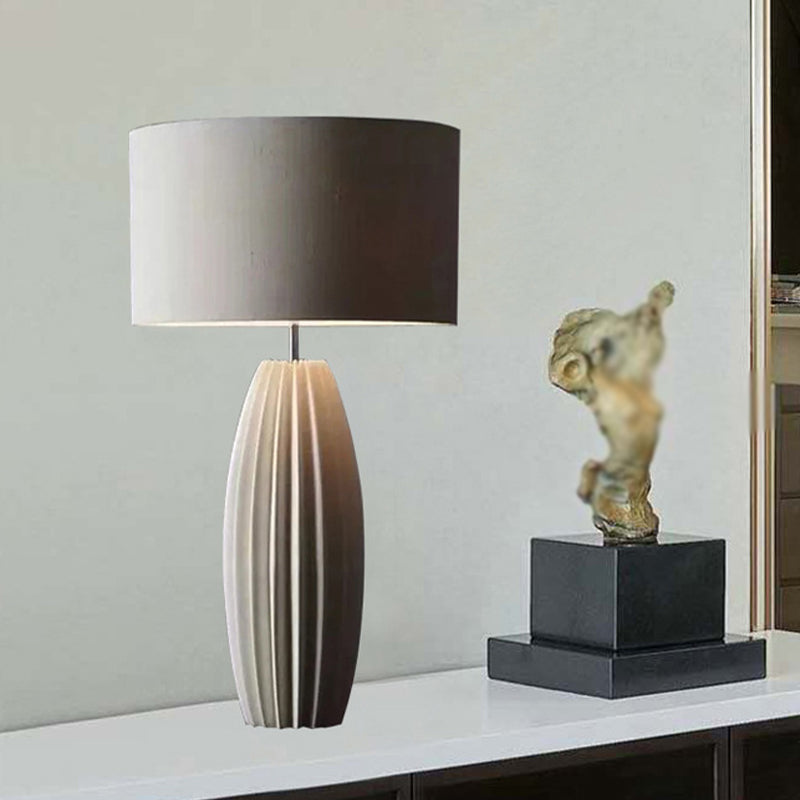 Modern 1-Light Ceramics Night Light with Fabric Shade Grey Finish Drum Nightstand Lamp Grey Clearhalo 'Lamps' 'Table Lamps' Lighting' 813567