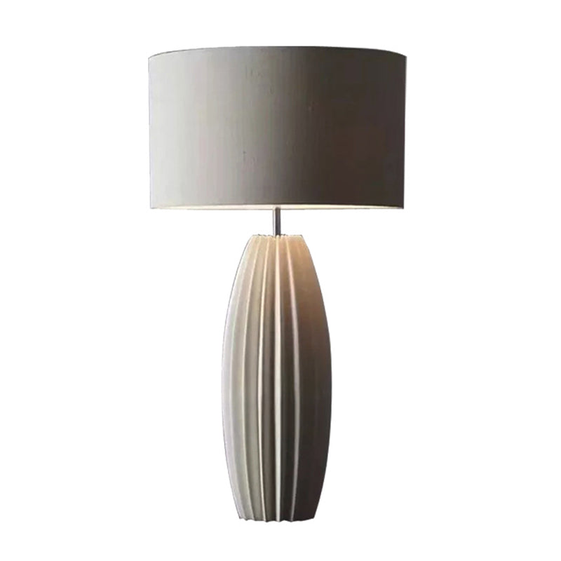 Modern 1-Light Ceramics Night Light with Fabric Shade Grey Finish Drum Nightstand Lamp Clearhalo 'Lamps' 'Table Lamps' Lighting' 813569