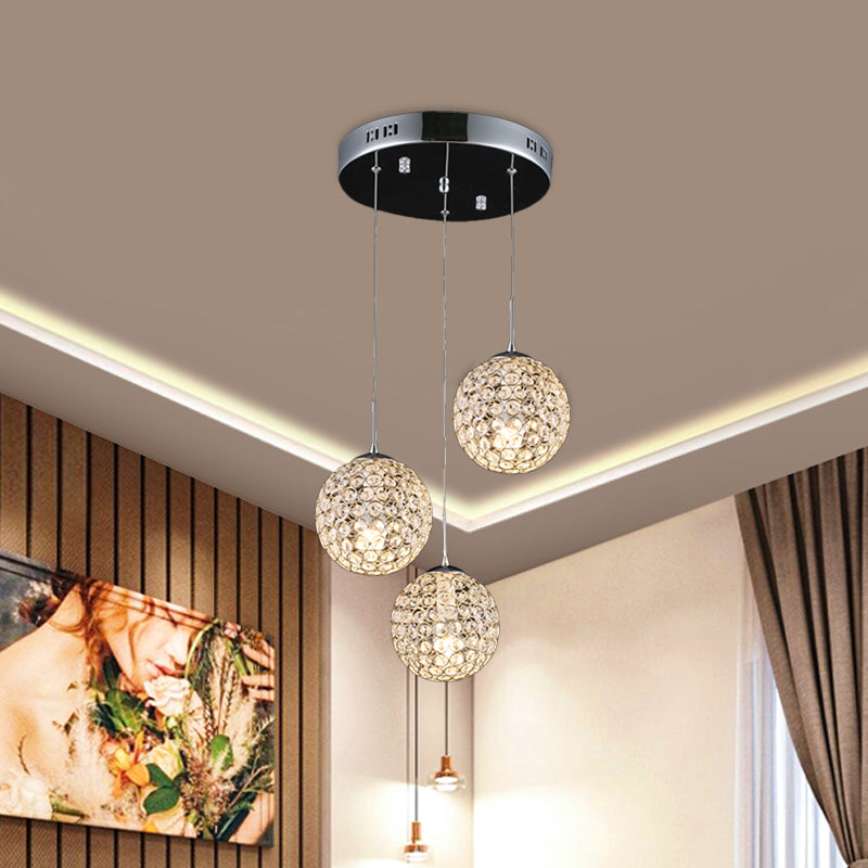 Crystal Embedded Chrome Cluster Pendant Spherical 3/5/6 Bulbs Modernist Hanging Ceiling Light 3 Chrome Clearhalo 'Ceiling Lights' 'Modern Pendants' 'Modern' 'Pendant Lights' 'Pendants' Lighting' 813575