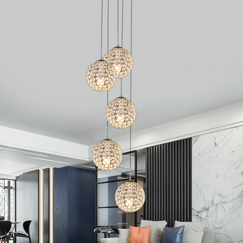 Crystal Embedded Chrome Cluster Pendant Spherical 3/5/6 Bulbs Modernist Hanging Ceiling Light Clearhalo 'Ceiling Lights' 'Modern Pendants' 'Modern' 'Pendant Lights' 'Pendants' Lighting' 813580