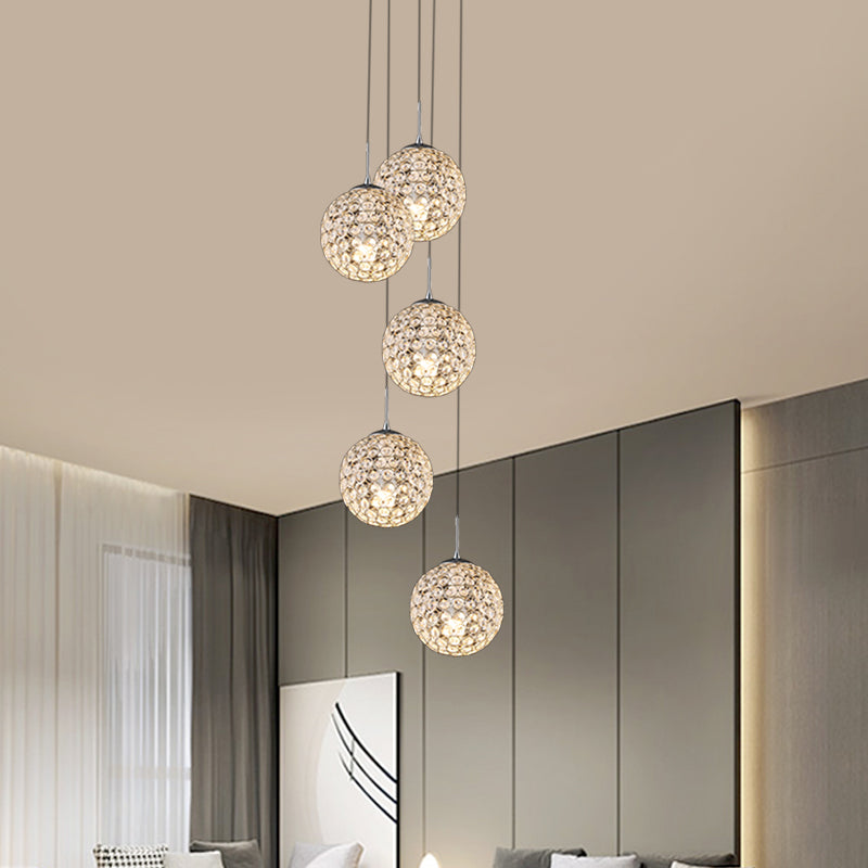 Crystal Embedded Chrome Cluster Pendant Spherical 3/5/6 Bulbs Modernist Hanging Ceiling Light Clearhalo 'Ceiling Lights' 'Modern Pendants' 'Modern' 'Pendant Lights' 'Pendants' Lighting' 813581