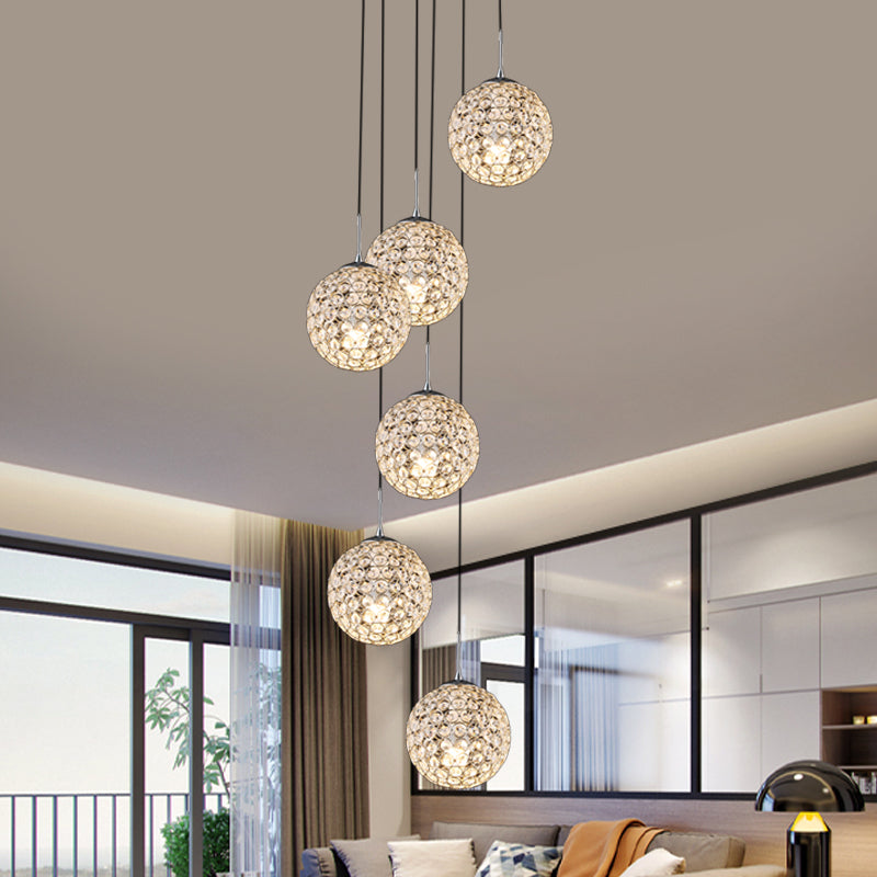 Crystal Embedded Chrome Cluster Pendant Spherical 3/5/6 Bulbs Modernist Hanging Ceiling Light 6 Chrome Clearhalo 'Ceiling Lights' 'Modern Pendants' 'Modern' 'Pendant Lights' 'Pendants' Lighting' 813584
