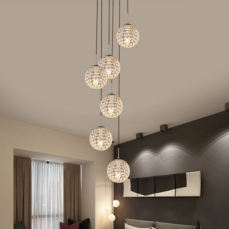 Crystal Embedded Chrome Cluster Pendant Spherical 3/5/6 Bulbs Modernist Hanging Ceiling Light Clearhalo 'Ceiling Lights' 'Modern Pendants' 'Modern' 'Pendant Lights' 'Pendants' Lighting' 813586