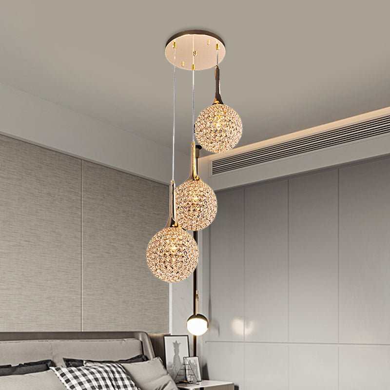 3/8 Heads Multi Light Pendant Simple Dining Room Hanging Lamp Kit with Globe Crystal Encrusted Shade in Gold 3 Gold Clearhalo 'Ceiling Lights' 'Modern Pendants' 'Modern' 'Pendant Lights' 'Pendants' Lighting' 813589