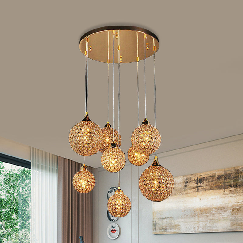 3/8 Heads Multi Light Pendant Simple Dining Room Hanging Lamp Kit with Globe Crystal Encrusted Shade in Gold Clearhalo 'Ceiling Lights' 'Modern Pendants' 'Modern' 'Pendant Lights' 'Pendants' Lighting' 813593