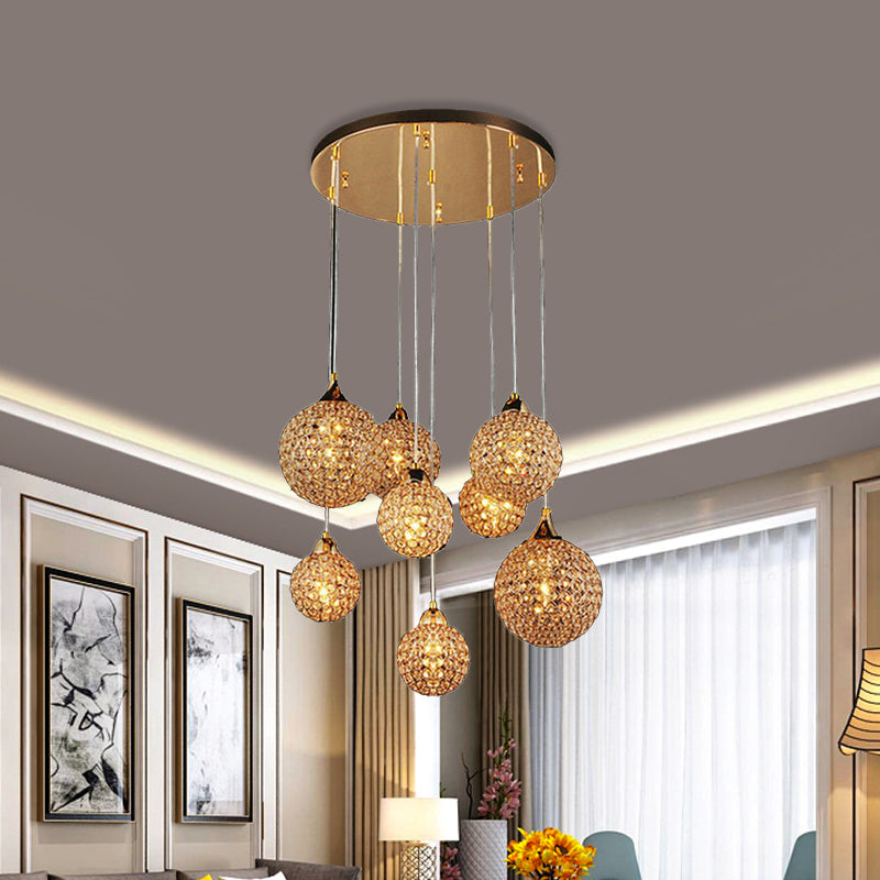3/8 Heads Multi Light Pendant Simple Dining Room Hanging Lamp Kit with Globe Crystal Encrusted Shade in Gold Clearhalo 'Ceiling Lights' 'Modern Pendants' 'Modern' 'Pendant Lights' 'Pendants' Lighting' 813594