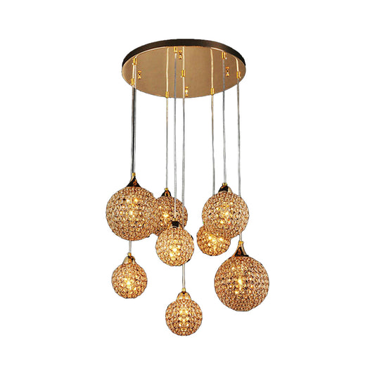 3/8 Heads Multi Light Pendant Simple Dining Room Hanging Lamp Kit with Globe Crystal Encrusted Shade in Gold Clearhalo 'Ceiling Lights' 'Modern Pendants' 'Modern' 'Pendant Lights' 'Pendants' Lighting' 813595
