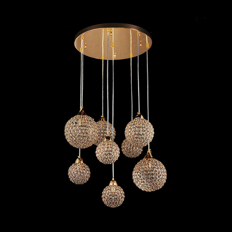 3/8 Heads Multi Light Pendant Simple Dining Room Hanging Lamp Kit with Globe Crystal Encrusted Shade in Gold Clearhalo 'Ceiling Lights' 'Modern Pendants' 'Modern' 'Pendant Lights' 'Pendants' Lighting' 813596
