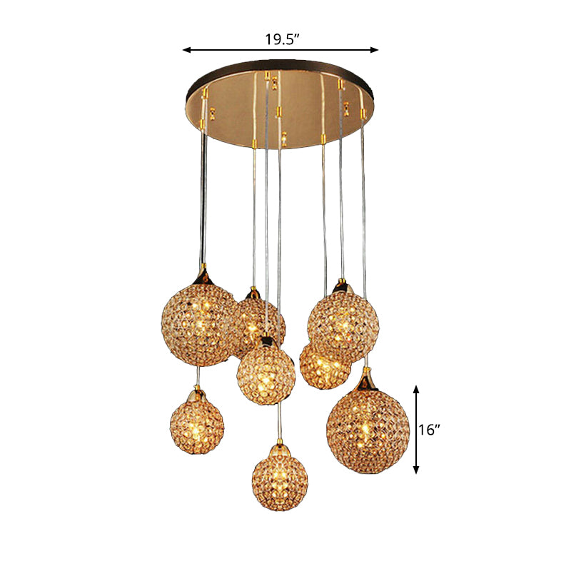 3/8 Heads Multi Light Pendant Simple Dining Room Hanging Lamp Kit with Globe Crystal Encrusted Shade in Gold Clearhalo 'Ceiling Lights' 'Modern Pendants' 'Modern' 'Pendant Lights' 'Pendants' Lighting' 813597