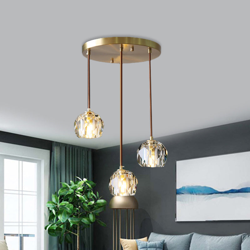 Gold 3 Heads Cluster Pendant Light Contemporary Faceted Crystal Domed Hanging Lamp Kit with Round/Linear Canopy Gold Round Clearhalo 'Ceiling Lights' 'Modern Pendants' 'Modern' 'Pendant Lights' 'Pendants' Lighting' 813632
