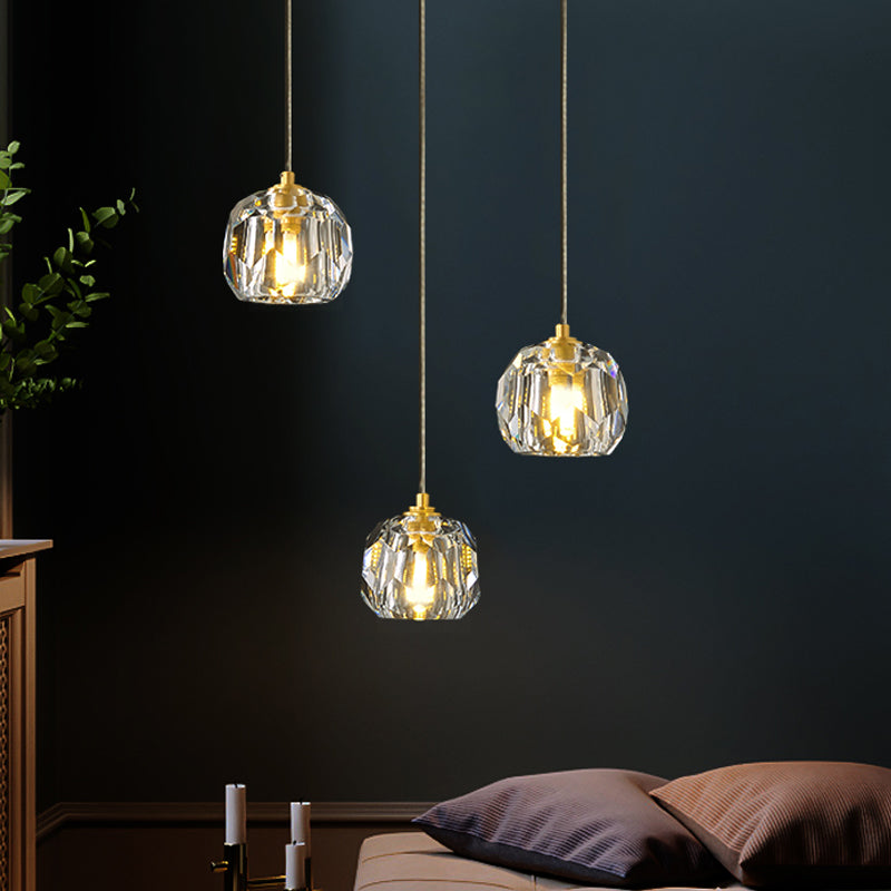 Gold 3 Heads Cluster Pendant Light Contemporary Faceted Crystal Domed Hanging Lamp Kit with Round/Linear Canopy Clearhalo 'Ceiling Lights' 'Modern Pendants' 'Modern' 'Pendant Lights' 'Pendants' Lighting' 813633