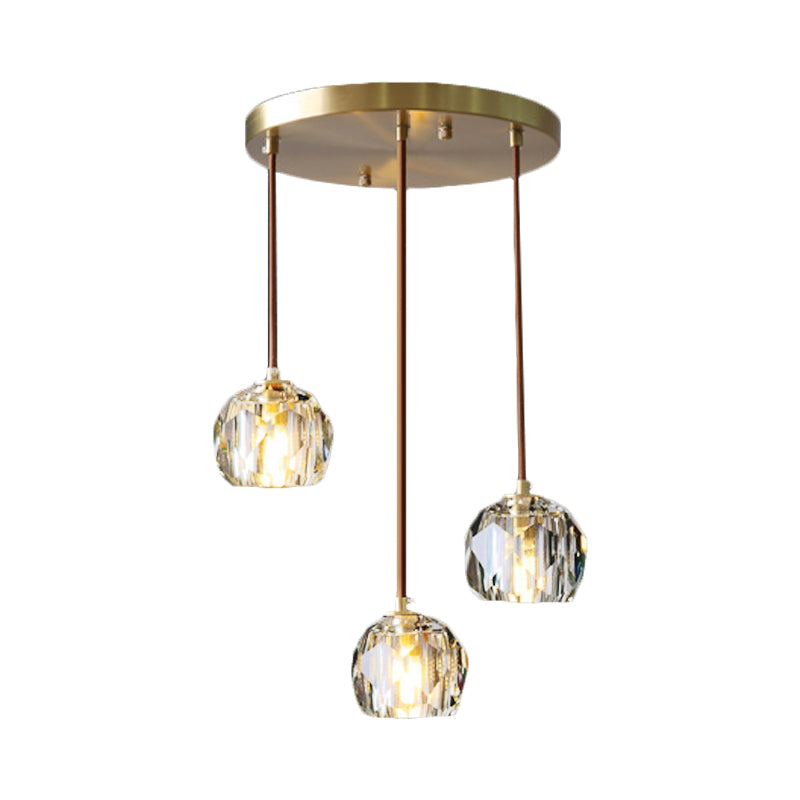 Gold 3 Heads Cluster Pendant Light Contemporary Faceted Crystal Domed Hanging Lamp Kit with Round/Linear Canopy Clearhalo 'Ceiling Lights' 'Modern Pendants' 'Modern' 'Pendant Lights' 'Pendants' Lighting' 813634