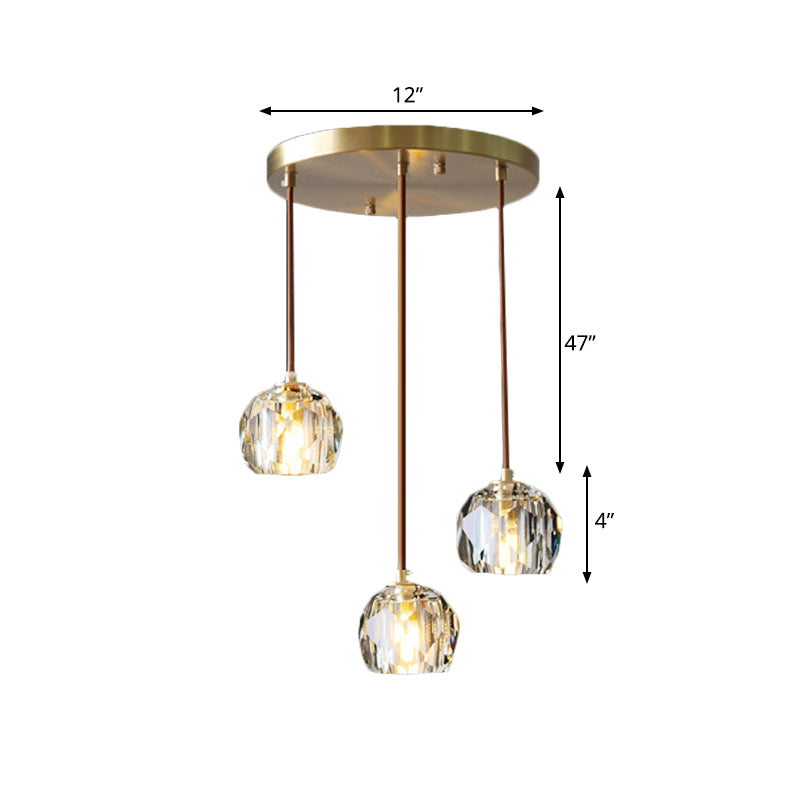 Gold 3 Heads Cluster Pendant Light Contemporary Faceted Crystal Domed Hanging Lamp Kit with Round/Linear Canopy Clearhalo 'Ceiling Lights' 'Modern Pendants' 'Modern' 'Pendant Lights' 'Pendants' Lighting' 813635
