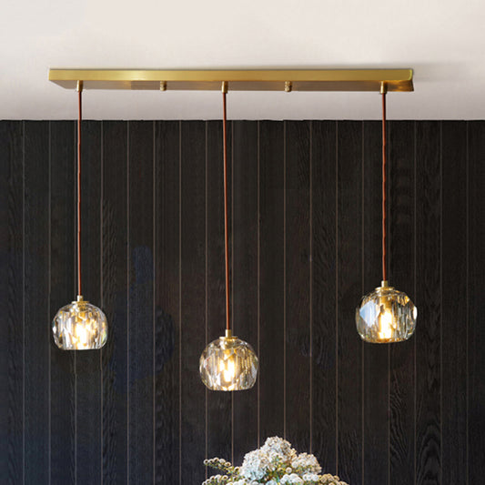 Gold 3 Heads Cluster Pendant Light Contemporary Faceted Crystal Domed Hanging Lamp Kit with Round/Linear Canopy Gold Linear Clearhalo 'Ceiling Lights' 'Modern Pendants' 'Modern' 'Pendant Lights' 'Pendants' Lighting' 813636