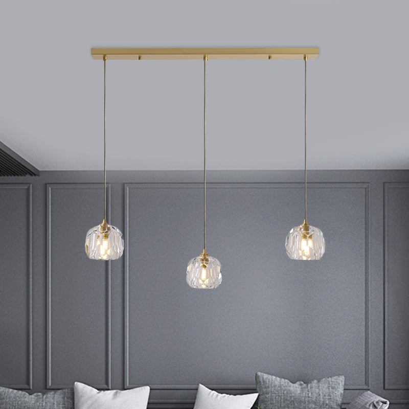 Gold 3 Heads Cluster Pendant Light Contemporary Faceted Crystal Domed Hanging Lamp Kit with Round/Linear Canopy Clearhalo 'Ceiling Lights' 'Modern Pendants' 'Modern' 'Pendant Lights' 'Pendants' Lighting' 813637