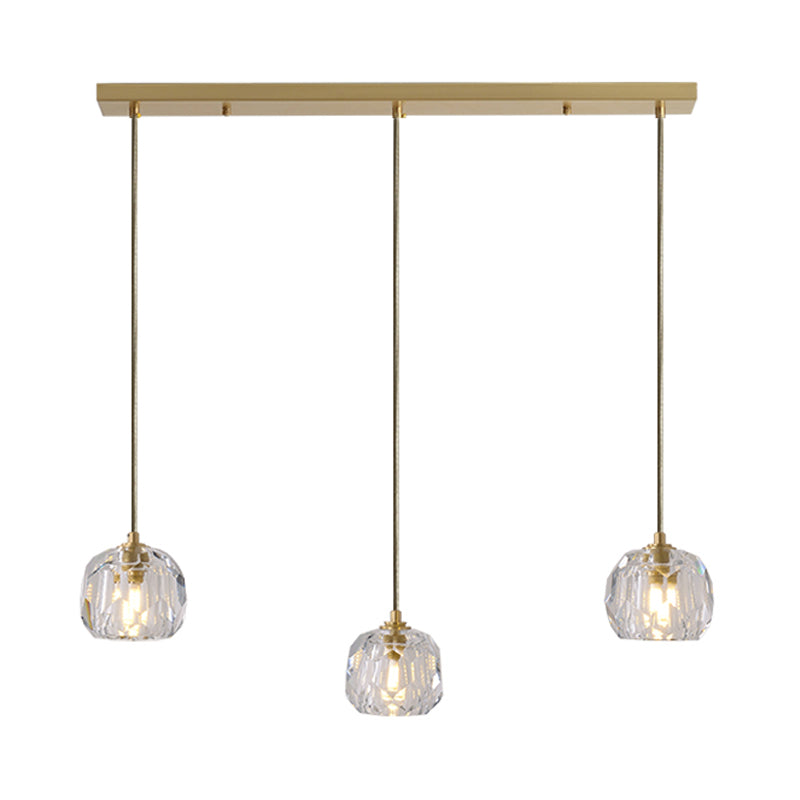 Gold 3 Heads Cluster Pendant Light Contemporary Faceted Crystal Domed Hanging Lamp Kit with Round/Linear Canopy Clearhalo 'Ceiling Lights' 'Modern Pendants' 'Modern' 'Pendant Lights' 'Pendants' Lighting' 813639