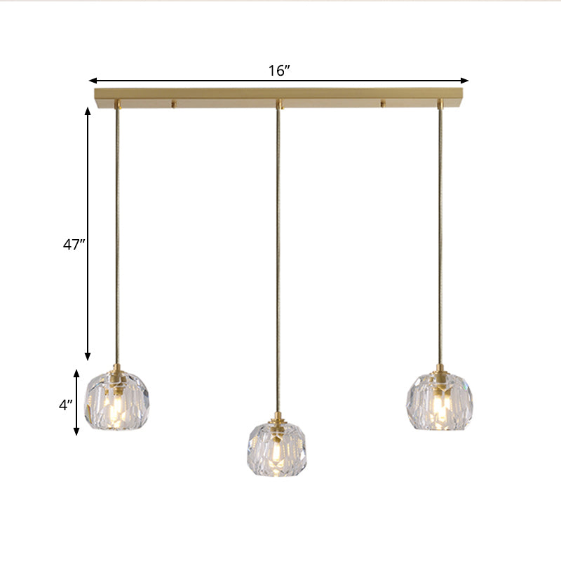 Gold 3 Heads Cluster Pendant Light Contemporary Faceted Crystal Domed Hanging Lamp Kit with Round/Linear Canopy Clearhalo 'Ceiling Lights' 'Modern Pendants' 'Modern' 'Pendant Lights' 'Pendants' Lighting' 813640