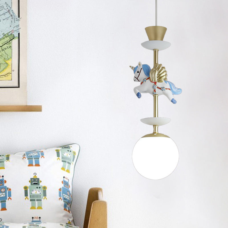 Contemporary 1 Bulb Pedant Lighting Fixture with Opal Glass Shade Pink/Blue Unicorn Hanging Lamp Clearhalo 'Ceiling Lights' 'Glass shade' 'Glass' 'Pendant Lights' 'Pendants' Lighting' 813662