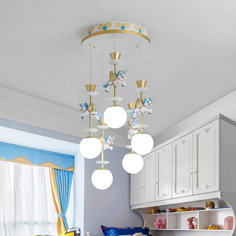 Globe Bedroom Hanging Ceiling Light Glass 3/5 Heads Cartoon Cluster Pendant in Pink/Blue 5 Blue Clearhalo 'Ceiling Lights' 'Glass shade' 'Glass' 'Pendant Lights' 'Pendants' Lighting' 813686