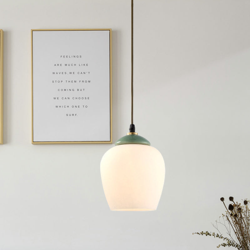 1 Light Tulip/Bell Pendant Lamp Traditional White Glass Hanging Light Fixture with Ceramic Top for Restaurant Clearhalo 'Ceiling Lights' 'Glass shade' 'Glass' 'Island Lights' 'Pendant Lights' 'Pendants' Lighting' 813695