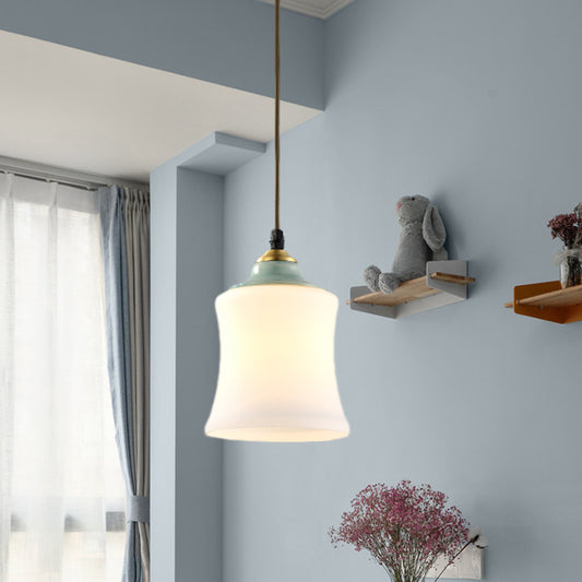 1 Light Tulip/Bell Pendant Lamp Traditional White Glass Hanging Light Fixture with Ceramic Top for Restaurant White B Clearhalo 'Ceiling Lights' 'Glass shade' 'Glass' 'Island Lights' 'Pendant Lights' 'Pendants' Lighting' 813698
