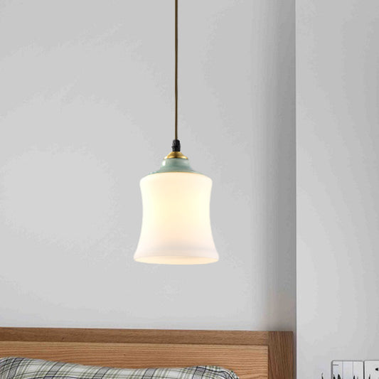 1 Light Tulip/Bell Pendant Lamp Traditional White Glass Hanging Light Fixture with Ceramic Top for Restaurant Clearhalo 'Ceiling Lights' 'Glass shade' 'Glass' 'Island Lights' 'Pendant Lights' 'Pendants' Lighting' 813699