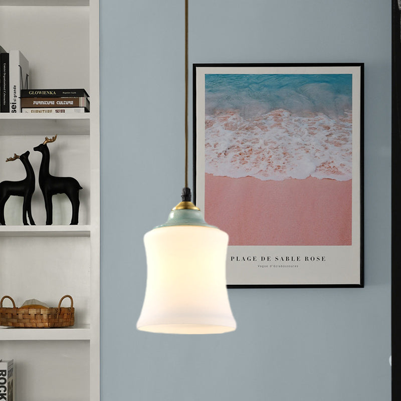 1 Light Tulip/Bell Pendant Lamp Traditional White Glass Hanging Light Fixture with Ceramic Top for Restaurant Clearhalo 'Ceiling Lights' 'Glass shade' 'Glass' 'Island Lights' 'Pendant Lights' 'Pendants' Lighting' 813700