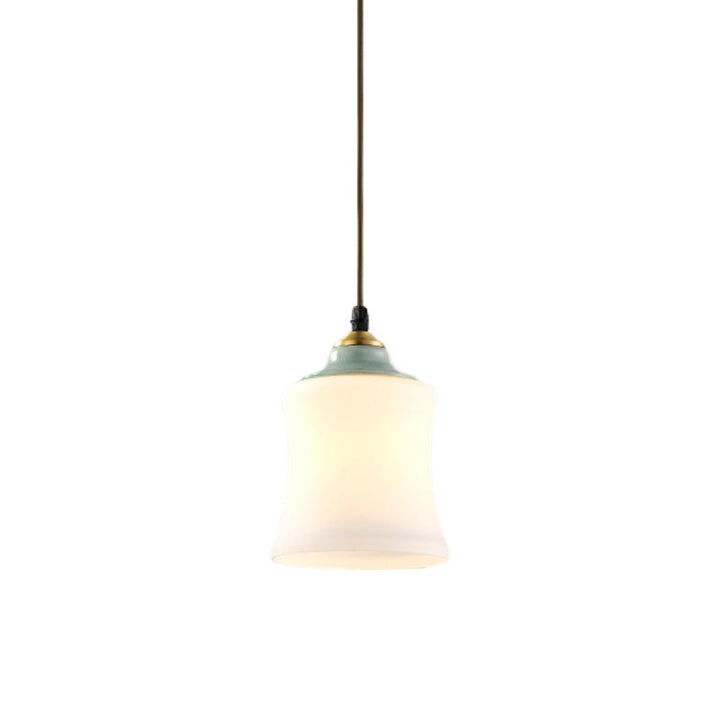 1 Light Tulip/Bell Pendant Lamp Traditional White Glass Hanging Light Fixture with Ceramic Top for Restaurant Clearhalo 'Ceiling Lights' 'Glass shade' 'Glass' 'Island Lights' 'Pendant Lights' 'Pendants' Lighting' 813701