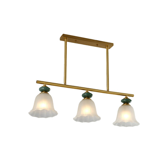 Flower Restaurant Island Light Traditional Cream Glass 3 Lights Gold Suspension Lamp with Ceramic Top Clearhalo 'Ceiling Lights' 'Close To Ceiling Lights' 'Glass shade' 'Glass' 'Island Lights' Lighting' 813968