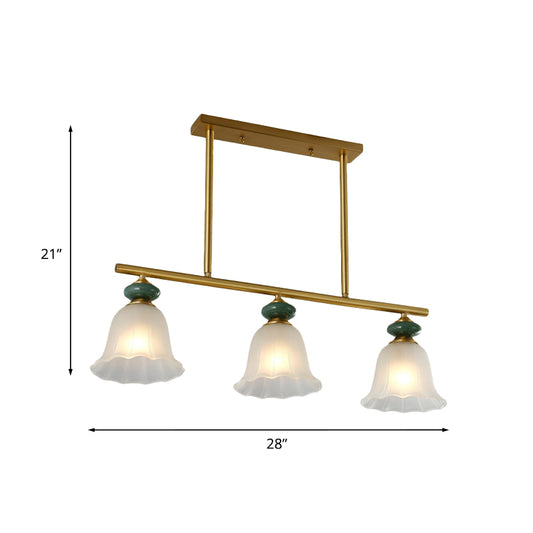 Flower Restaurant Island Light Traditional Cream Glass 3 Lights Gold Suspension Lamp with Ceramic Top Clearhalo 'Ceiling Lights' 'Close To Ceiling Lights' 'Glass shade' 'Glass' 'Island Lights' Lighting' 813969