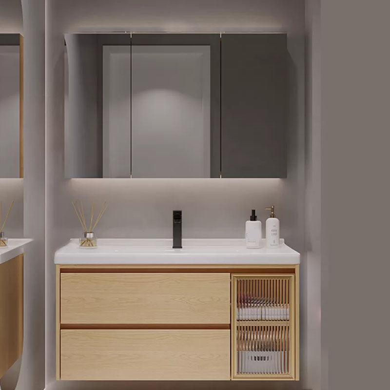 Wood Frame Bathroom Vanity Rectangular 2 Drawers Wall-Mounted Single Sink with Door Vanity & Faucet & Mirror Cabinet 39.5"L x 20"W x 20"H Clearhalo 'Bathroom Remodel & Bathroom Fixtures' 'Bathroom Vanities' 'bathroom_vanities' 'Home Improvement' 'home_improvement' 'home_improvement_bathroom_vanities' 8141805