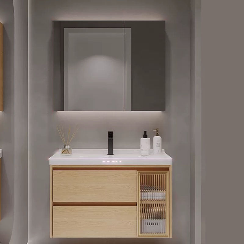 Wood Frame Bathroom Vanity Rectangular 2 Drawers Wall-Mounted Single Sink with Door Vanity & Faucet & Mirror Cabinet 31.5"L x 20"W x 20"H Clearhalo 'Bathroom Remodel & Bathroom Fixtures' 'Bathroom Vanities' 'bathroom_vanities' 'Home Improvement' 'home_improvement' 'home_improvement_bathroom_vanities' 8141808