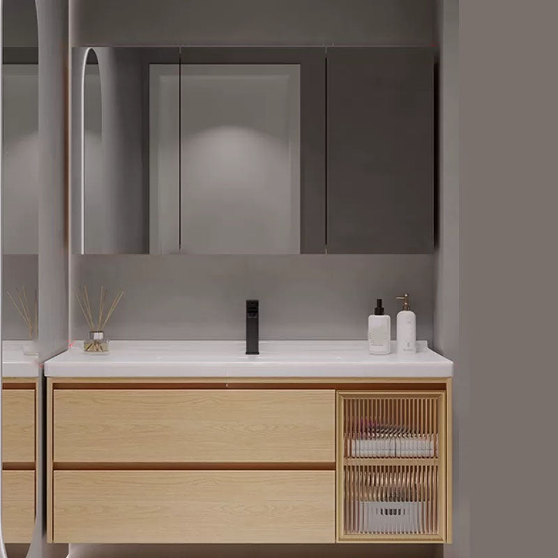 Wood Frame Bathroom Vanity Rectangular 2 Drawers Wall-Mounted Single Sink with Door Vanity & Faucet & Mirror Cabinet 43.3"L x 19.7"W x 19.7"H Clearhalo 'Bathroom Remodel & Bathroom Fixtures' 'Bathroom Vanities' 'bathroom_vanities' 'Home Improvement' 'home_improvement' 'home_improvement_bathroom_vanities' 8141813