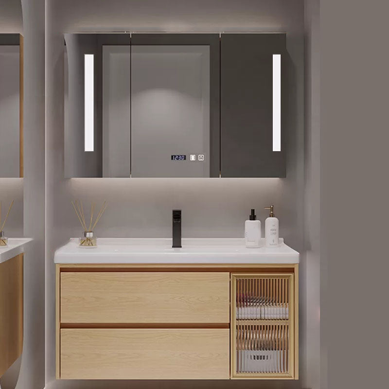 Wood Frame Bathroom Vanity Rectangular 2 Drawers Wall-Mounted Single Sink with Door Vanity & Faucet & Smart Medicine Cabinet 39.5"L x 20"W x 20"H Clearhalo 'Bathroom Remodel & Bathroom Fixtures' 'Bathroom Vanities' 'bathroom_vanities' 'Home Improvement' 'home_improvement' 'home_improvement_bathroom_vanities' 8141817