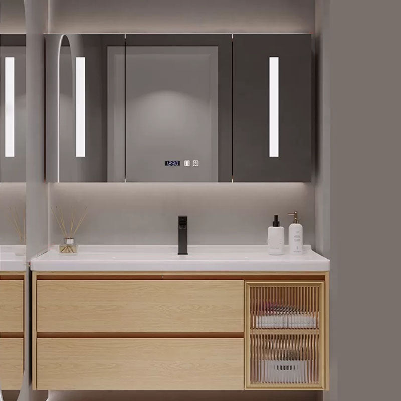 Wood Frame Bathroom Vanity Rectangular 2 Drawers Wall-Mounted Single Sink with Door Vanity & Faucet & Smart Medicine Cabinet 43.3"L x 19.7"W x 19.7"H Clearhalo 'Bathroom Remodel & Bathroom Fixtures' 'Bathroom Vanities' 'bathroom_vanities' 'Home Improvement' 'home_improvement' 'home_improvement_bathroom_vanities' 8141825