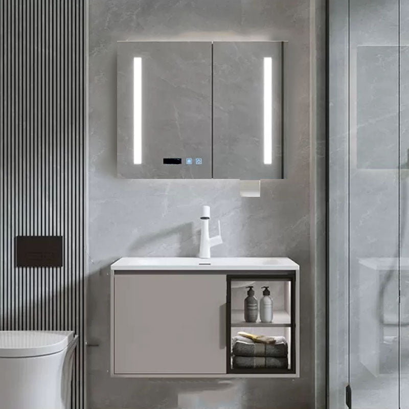 Modern Bathroom Sink Vanity Stainless Steel Wall-Mounted with Soft Close Door Vanity & Faucet & Mirror Cabinet 31"L x 20"W x 19"H Smart Control Included Clearhalo 'Bathroom Remodel & Bathroom Fixtures' 'Bathroom Vanities' 'bathroom_vanities' 'Home Improvement' 'home_improvement' 'home_improvement_bathroom_vanities' 8141942