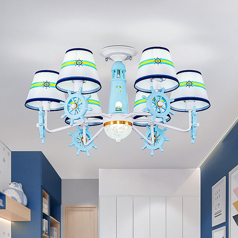 Cone Shade Fabric Semi Flush Chandelier Kids 6-Light Blue Ceiling Mount Light with Rudder Decoration Blue Clearhalo 'Ceiling Lights' 'Close To Ceiling Lights' 'Close to ceiling' 'Semi-flushmount' Lighting' 814409