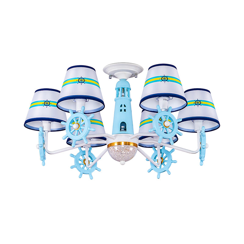 Cone Shade Fabric Semi Flush Chandelier Kids 6-Light Blue Ceiling Mount Light with Rudder Decoration Clearhalo 'Ceiling Lights' 'Close To Ceiling Lights' 'Close to ceiling' 'Semi-flushmount' Lighting' 814411