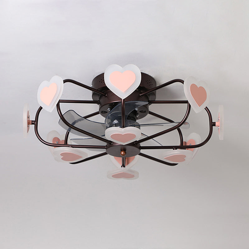 Kids 8 Bulbs 5 Blades Ceiling Fan Light Coffee Music Note/Grey Loving Heart/White Star Semi Flush Mount Lighting with Iron Cage, 23.5" Wide Clearhalo 'Ceiling Fans with Lights' 'Ceiling Fans' 'Kids Ceiling Fans' 'Kids' Lighting' 814415