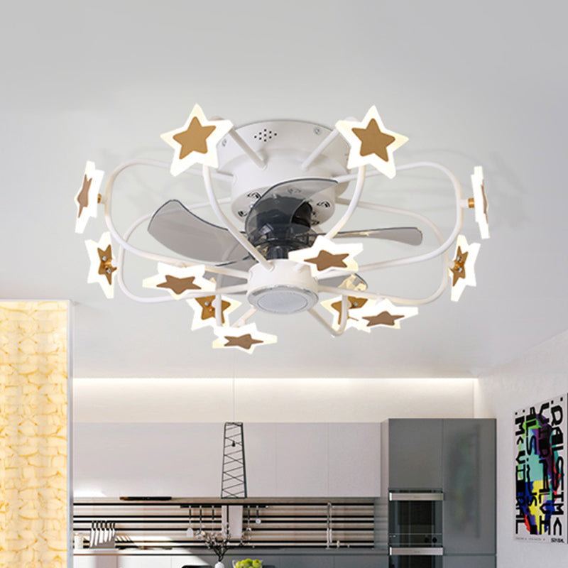 Kids 8 Bulbs 5 Blades Ceiling Fan Light Coffee Music Note/Grey Loving Heart/White Star Semi Flush Mount Lighting with Iron Cage, 23.5" Wide White Clearhalo 'Ceiling Fans with Lights' 'Ceiling Fans' 'Kids Ceiling Fans' 'Kids' Lighting' 814417